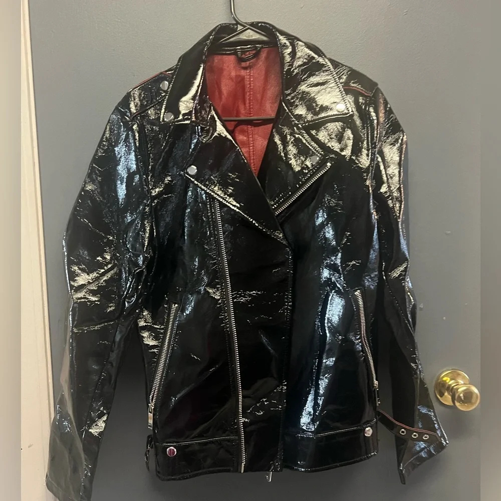Mens Zara Black Patent Leather Jacket with Red Accents - Size small